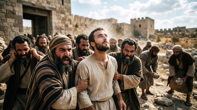 Stephen the martyr looking toward heaven while an angry crowd of people prepares to stone him outside the ancient city walls. Biblical scene depicting faith and religious persecution.