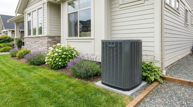 Residential central air conditioning unit installed on a concrete pad next to a house with beige siding and stone accents in a garden setting