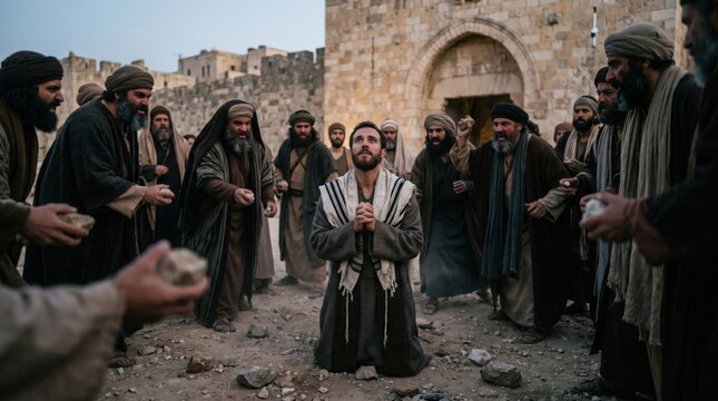 Biblical scene depicting man kneeling in prayer while being surrounded by angry mob stoning him. Historical religious reenactment of Saint Stephen martyrdom according to the Bible story.