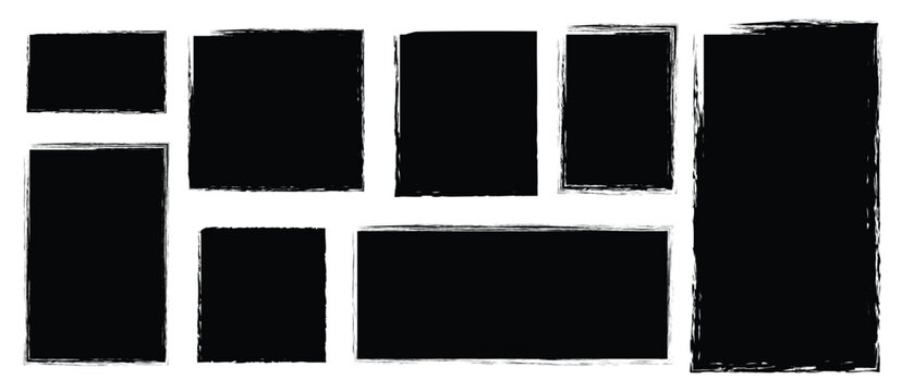 Rectangle Brush stroke, ink paint brush, grunge box. Black square shapes with brush borders on white background. Vintage grunge boxes for collage, text, banner, sticker, poster design.