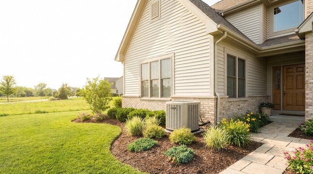 Residential central air conditioning unit on a concrete pad beside a house with beige siding and stone veneer in a sunny suburban backyard