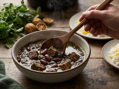 Delicious Persian Ghormeh Sabzi Stew with Meat and Beans.