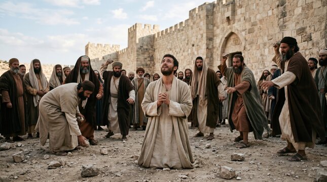 Martyr Stephen kneeling in prayer while a crowd of men prepares to stone him outside the city walls. Biblical scene from Acts of the Apostles showing faith under persecution and sacrifice.