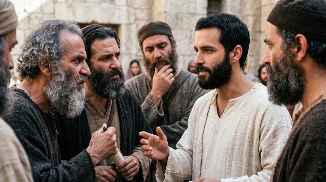 Stephen the martyr debating with religious leaders in ancient Jerusalem. Biblical scene depicting a man preaching boldly before opponents. Historical representation of Acts of the Apostles.