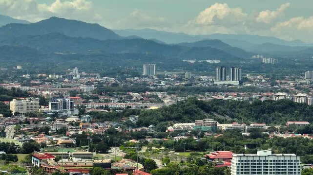 Aerial drone of panorama of Kota Kinabalu city with modern buildings. Borneo,Sabah, Malaysia.