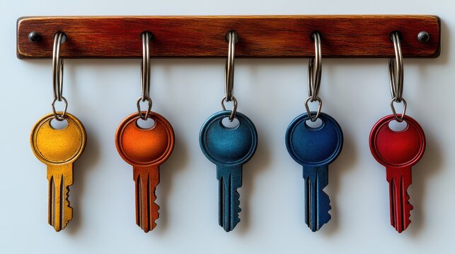 Five colorful keys on a wooden key rack against a white background.