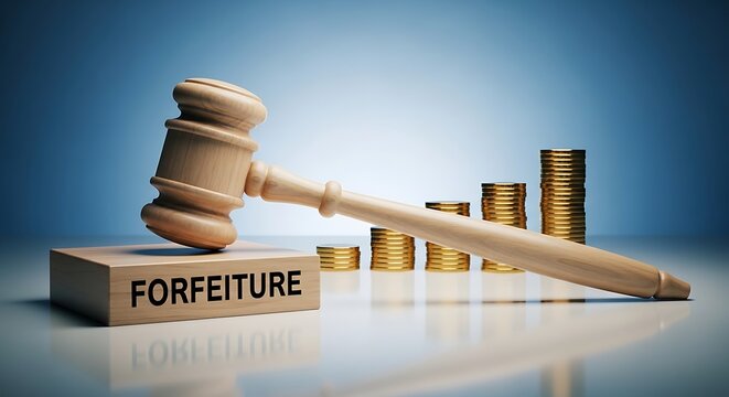 A wooden gavel resting on a block with the word forfeiture and stacks of gold coins