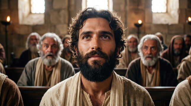 Saint Stephen the man speaking with wisdom and spirit before the Sanhedrin council. Biblical scene from Acts regarding religious trial and historical testimony of faith. Ancient Jerusalem.