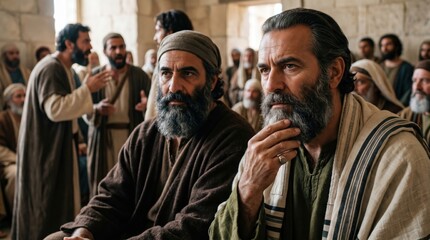 Obraz premium Biblical scene of Saint Stephen standing before the Sanhedrin council. Man with beard defending his faith during a religious trial. Ancient history, scripture and spiritual devotion concept.