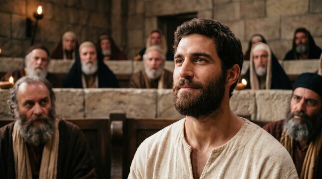 Saint Stephen standing with faith and strength before the Sanhedrin members. Biblical scene depicting a man facing accusation by elders in a stone chamber. Religious history concept.