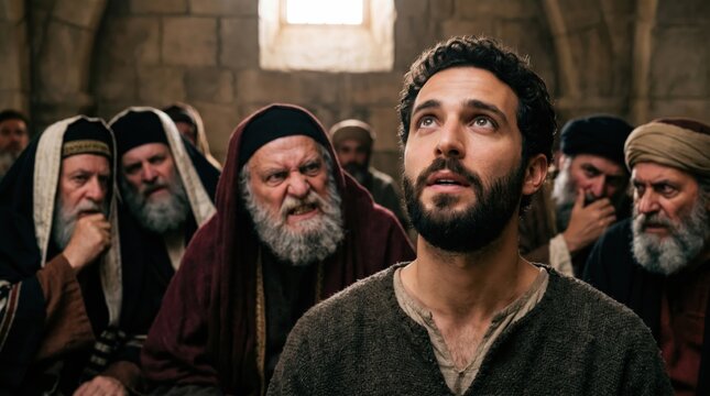 Biblical scene of Saint Stephen standing trial before the Sanhedrin council. The faithful man is surrounded by angry pharisees and judges. Historical drama of early christian faith.
