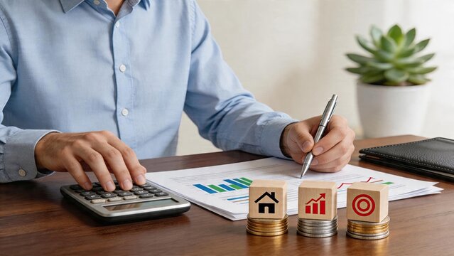 Businessman calculating financial budget for investment writing on graph paper checking calculator wooden blocks with real estate house icon growth arrow and target sign coins