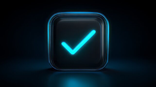 Glowing neon blue check mark inside a rounded square on a black background,  glowing neon blue tick or checkmark symbol for approval, success, verification, or a correct choice