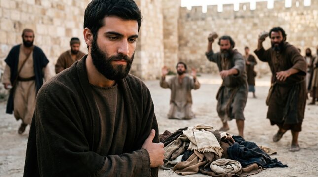 Young Saul watching the stoning of Stephen in ancient Jerusalem. Bible scene from Acts of the Apostles showing a man guarding garments while bystanders attack a martyr. Religion concept.