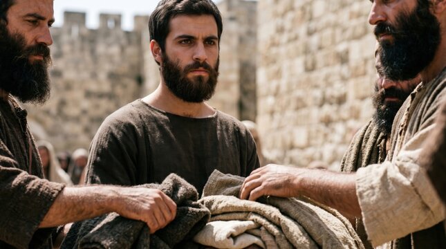 Men holding garments to young man Saul during the stoning of Saint Stephen. Biblical narrative from Acts 7 scene with historical characters. Religious reenactment of ancient Israel.