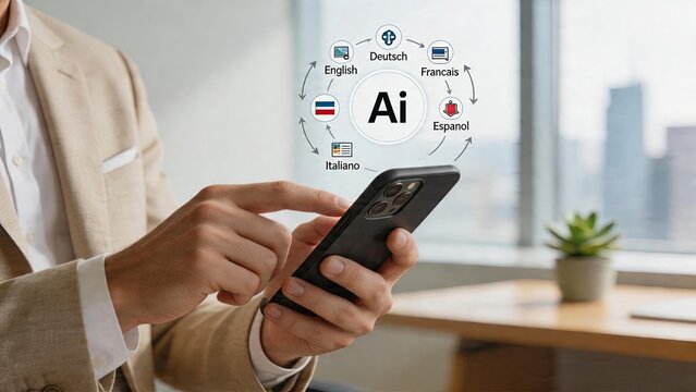 Businessman holding smartphone using artificial intelligence app for language translation Digital interface with multilingual options English Deutsch Francais Espanol Italiano