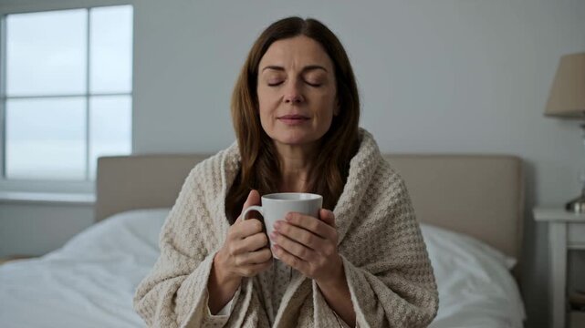 Serene Woman Wrapped in Cozy Blanket Sipping Hot Beverage from Mug in Bedroom, Experiencing Peaceful