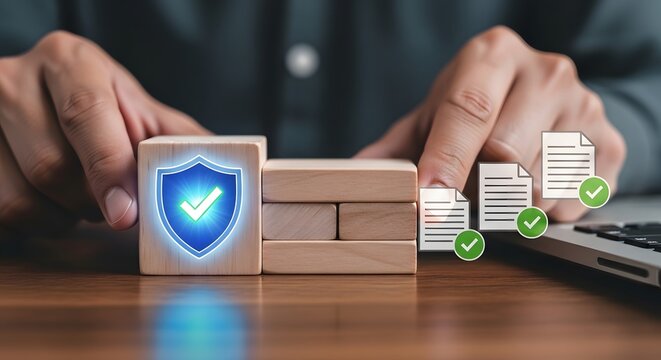 Cybersecurity and data protection concept with secure shield icons and business professional using laptop