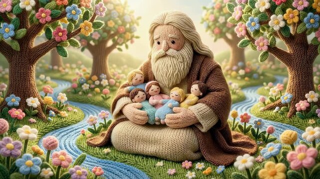 Knitted man with beard holding group of small kids in garden with blooming flower tree. Religious christian scene with craft dolls representing divine creation.
