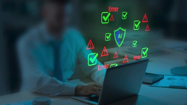 Caution failure system hacked warn alert concept. Businessman use computer laptop, triangle caution warning sign for cyber notification error, trouble maintenance. Available internet cybersecurity .