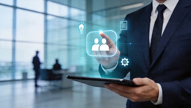 Businessman using tablet with digital interface for human resources team modern office technology corporate management concept virtual icons overlay recruitment software system