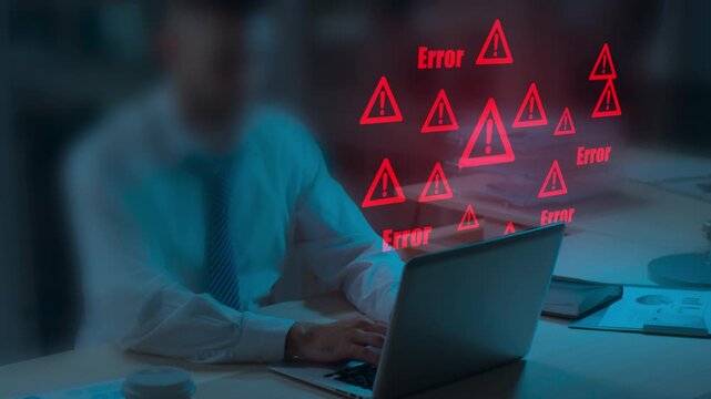 Caution failure system hacked warn alert concept. Businessman use computer laptop, triangle caution warning sign for cyber notification error, trouble maintenance. Available internet cybersecurity .