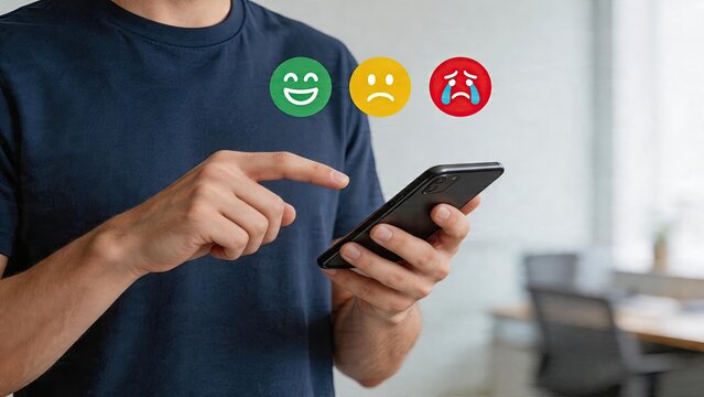 Businessman selecting digital rating feedback using smartphone comparing positive and negative customer service evaluation user experience testing interface design application