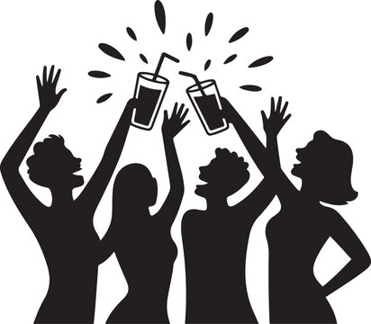 Silhouetted friends enjoying a party with drinks celebrating joy and happiness together. logo Vector Black silhouettes