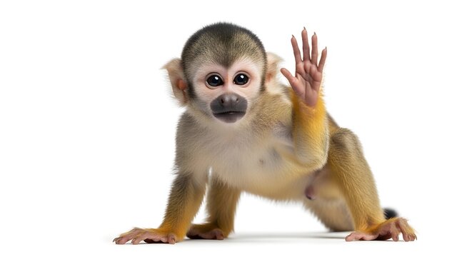 A curious squirrel monkey with its hand raised in a playful gesture.