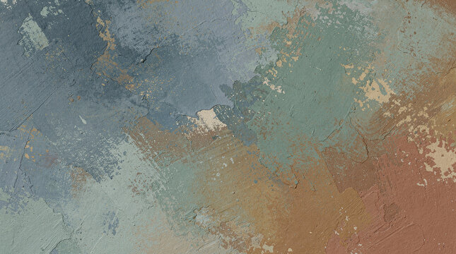 Thick impasto oil paint texture with visible brush strokes in shades of blue, green, and brown on a textured surface