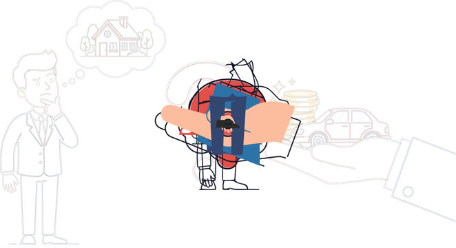 Business decision making concept with confused man choosing between house, car and money representing financial planning, investment choices and life priorities in flat vector illustration