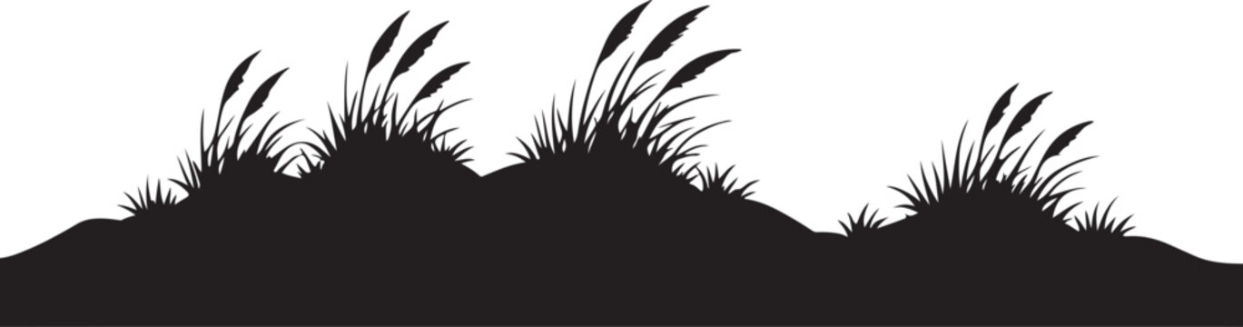 Coastal sand dunes silhouette with tall beach grass and mounds silhouette vector