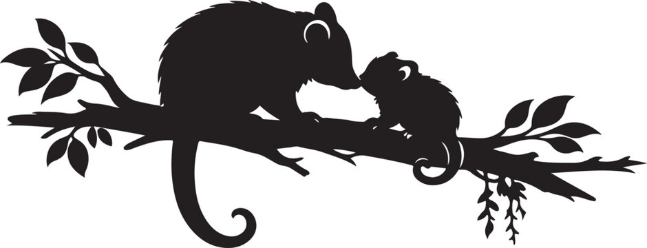 Cute Marsupial Family on Tree Branch - Mother and Baby Possum silhouette vector