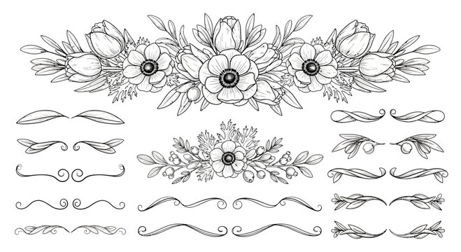 Elegant floral border collection with anemone flowers and decorative elements