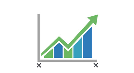 Obraz premium Growth Bar Chart with Upward Green Arrow and Blue Bars, Isolated on White Background, Flat Design