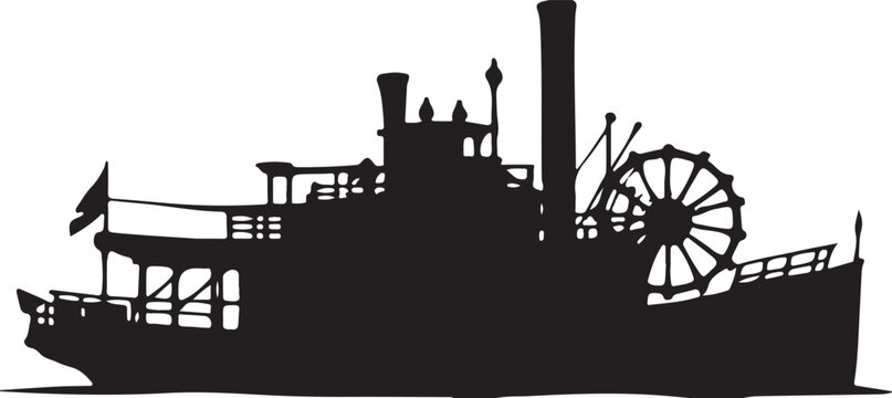 Historic river paddle steamer silhouette with rear water wheel
