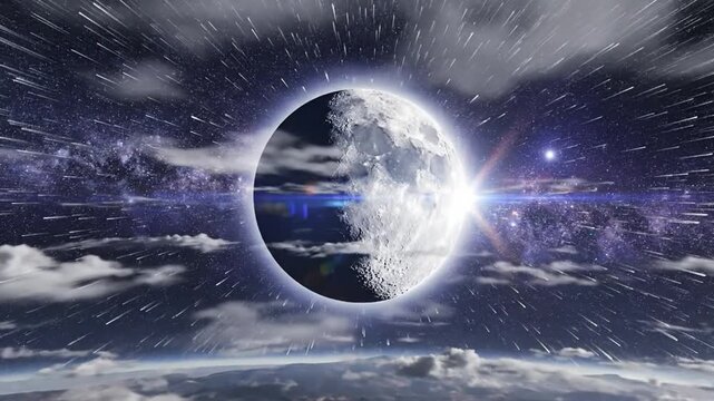 Lunar eclipse cosmic display with starry night sky and clouds