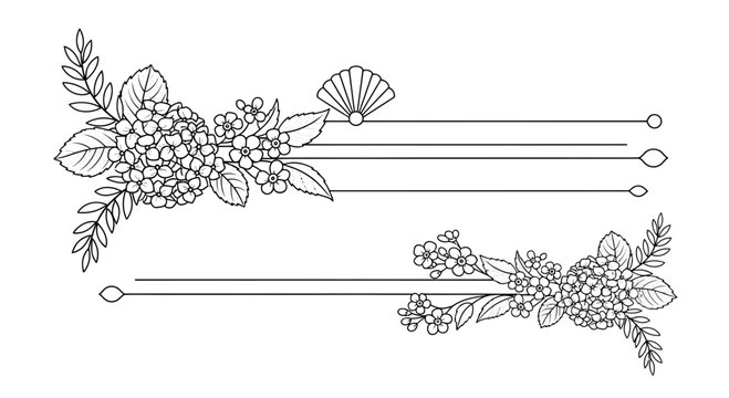 Elegant floral border design with hydrangea and fan elements in black and white