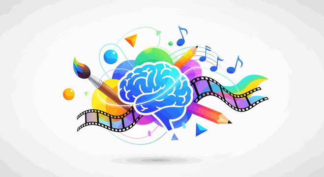 Creative concept brain with art elements music film on white background