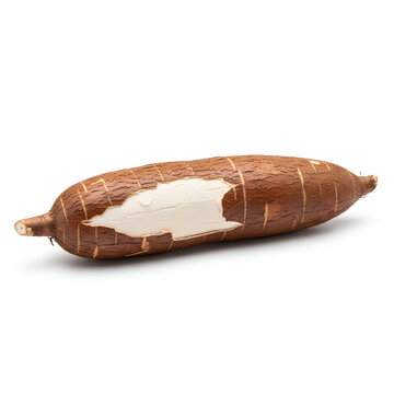 Freshly harvested cassava root with partially peeled white flesh.