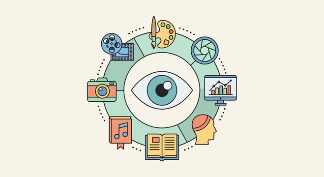 Creative concept illustration with eye central and surrounding media elements