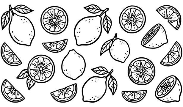 Hand drawn lemon set whole sliced citrus fruits with leaves minimal line art vector collection isolated on white