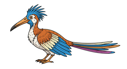 Fototapeta premium Vibrant illustration of an exotic bird with a long beak, blue crest, and multi colored tail feathers against a white background for nature art.