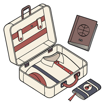 Isometric travel illustration of open vintage suitcase with shirt inside passport and travel journal for international trip planning suitcase passport notebook isometric
