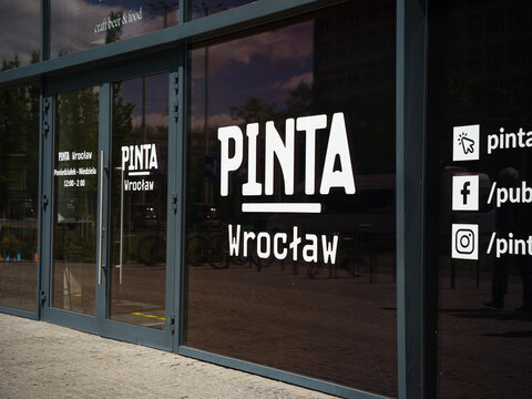 Wroclaw, Poland, 24th April 2026, Pinta brewery and restaurant and bar signage and logo