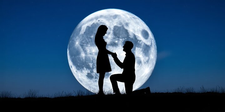 A romantic proposal scene with a man kneeling and holding a womans hand in front of a large moon