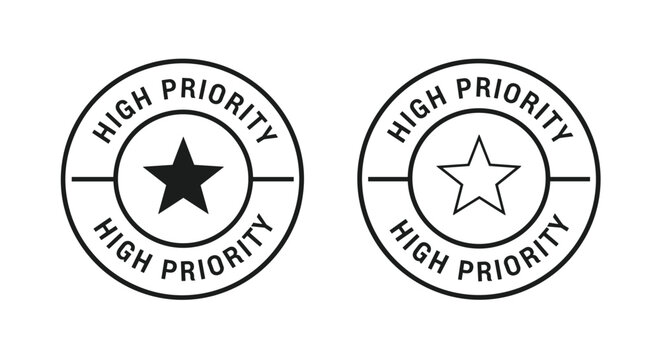 High priority circular stamps in black and white featuring a star in the center for document marking, task management, and office organization.