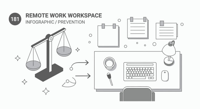 Remote work infographic illustrating balance scales and workspace elements