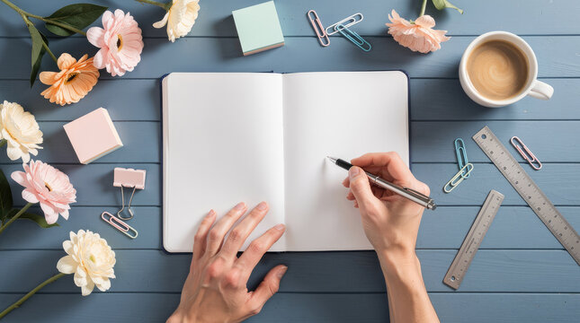 View of a person writing in an open notebook on a blue wooden desk with coffee, colorful flowers, metal rulers, and paper clips scattered around
