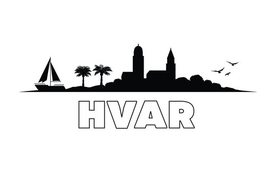Minimalist Hvar island skyline silhouette, modern urban landscape design in clean black outline, simple vector illustration style, contemporary metropolitan theme.